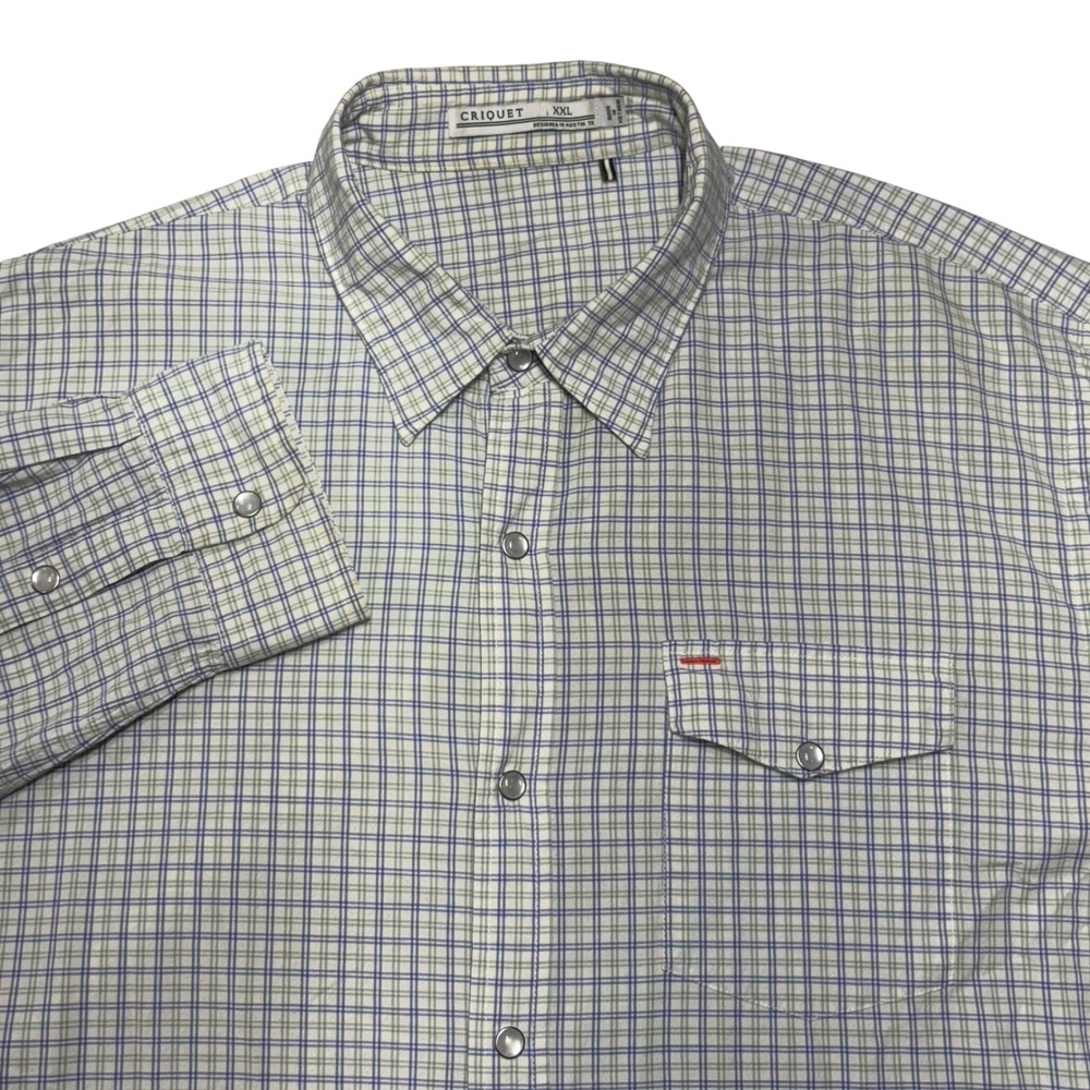 Criquet Men XXL Blue Green Plaid Pearl Snap Pocket Button Up Shirt Long Sleeve